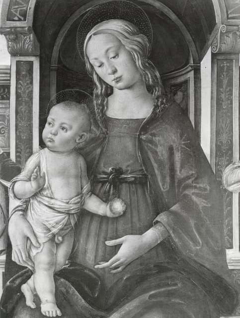 Kunsthistorisches Institut Florenz — Agnolo di Domenico di Donnino - sec. XV/ XVI - Madonna con Bambino in trono, san Bartolomeo e san Giovanni Evangelista — particolare, Madonna con Bambino